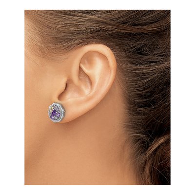 Sterling Silver & 14K Gold Amethyst & White Topaz Button Stud Earrings – view 3