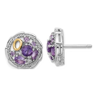 Sterling Silver & 14K Gold Amethyst & White Topaz Button Stud Earrings