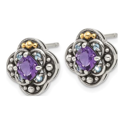 Sterling Silver & 14K Gold Amethyst & Swiss Blue Topaz Button Stud Earrings – view 2