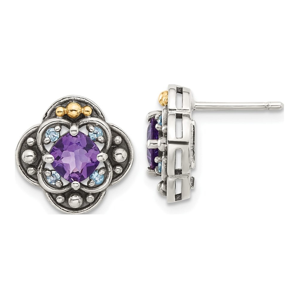 Sterling Silver & 14K Gold Amethyst & Swiss Blue Topaz Button Stud Earrings