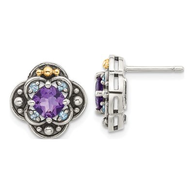 Sterling Silver & 14K Gold Amethyst & Swiss Blue Topaz Button Stud Earrings