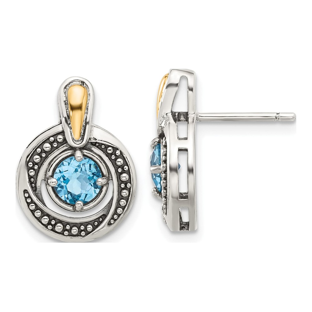 Sterling Silver & 14K Gold Swiss Blue Topaz Button Stud Earrings