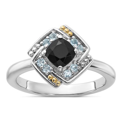 Sterling Silver & 14K Gold Onyx & Swiss Blue Topaz Ring