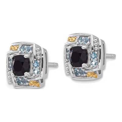 Sterling Silver & 14K Gold Onyx & Swiss Blue Topaz Button Stud Earrings – view 2