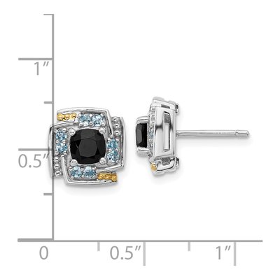 Sterling Silver & 14K Gold Onyx & Swiss Blue Topaz Button Stud Earrings – view 4