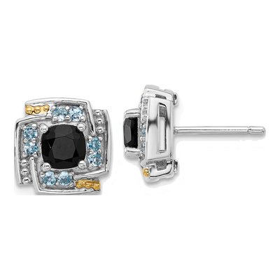 Sterling Silver & 14K Gold Onyx & Swiss Blue Topaz Button Stud Earrings