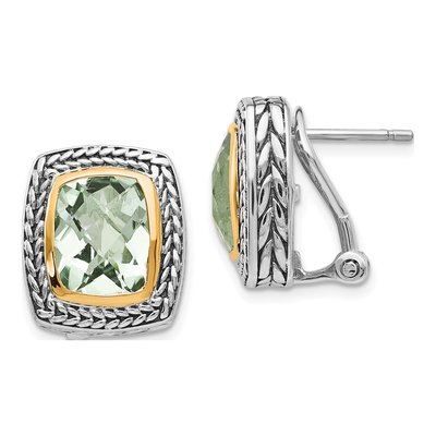 Sterling Silver & 14K Gold Prasiolite Cushion Bezel Stud Earrings