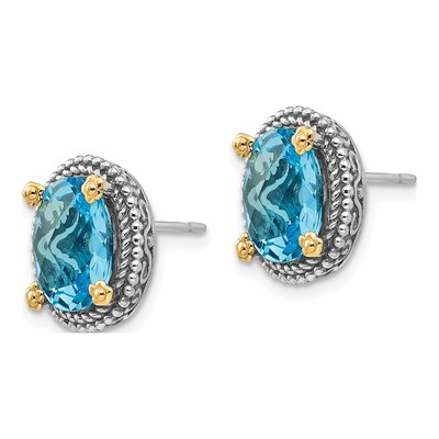 Sterling Silver & 14K Gold Oval Swiss Blue Topaz Stud Earrings – view 3