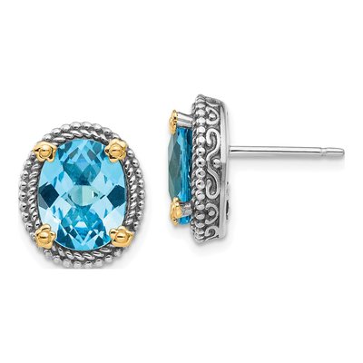Sterling Silver & 14K Gold Oval Swiss Blue Topaz Stud Earrings