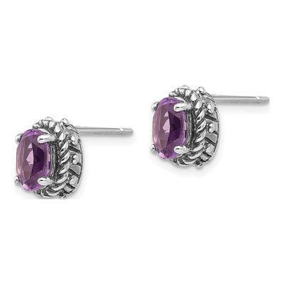 Sterling Silver Amethyst Antiqued Oval Stud Earrings – view 3