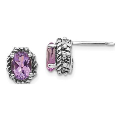 Sterling Silver Amethyst Antiqued Oval Stud Earrings
