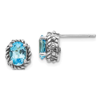 Sterling Silver Oval Swiss Blue Topaz Antiqued Stud Earrings