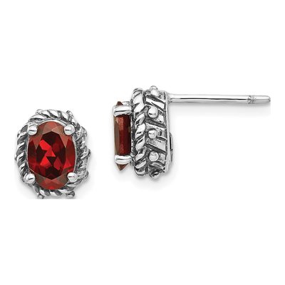 Sterling Silver Garnet Antiqued Oval Stud Earrings