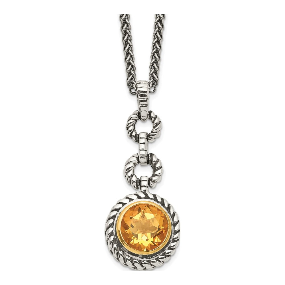 Gold-Plated Sterling Silver Citrine Antiqued Round Bezel Pendant Necklace