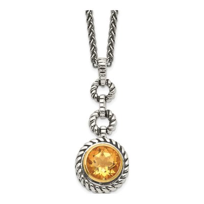 Gold-Plated Sterling Silver Citrine Antiqued Round Bezel Pendant Necklace