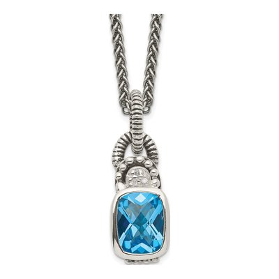 Sterling Silver Sky Blue Topaz & Diamond Antiqued Cushion Bezel Pendant Necklace