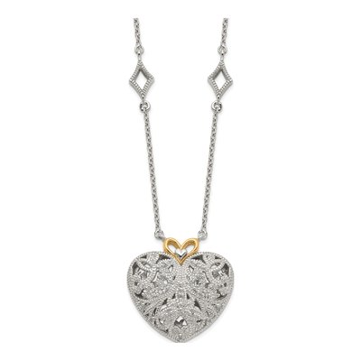 Sterling Silver & 14K Gold 1/10 ct tw Diamond Vintage Heart Necklace