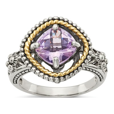 Sterling Silver & 14K Gold Rose de France Amethyst Cushion Ring