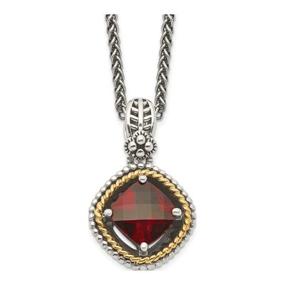 Sterling Silver & 14K Gold Garnet Checkerboard Pendant Necklace