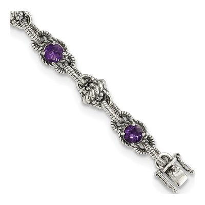 Sterling Silver Amethyst Antiqued Round Bracelet