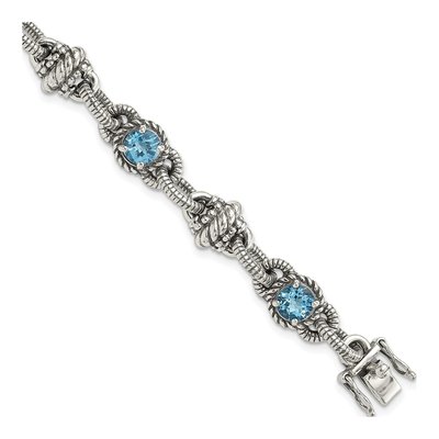Sterling Silver Swiss Blue Topaz Antiqued Round Bracelet