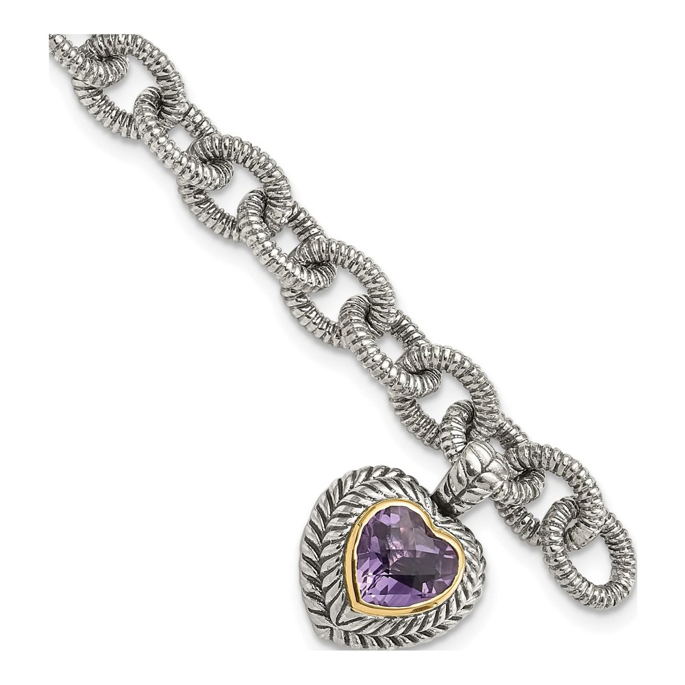 Sterling Silver & 14K Gold 6mm Heart Fancy Link Chain Bracelet