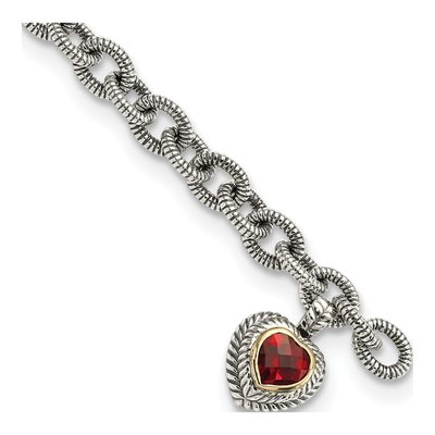 Sterling Silver & 14K Gold Garnet Heart Link Bracelet