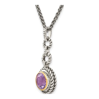 Gold-Plated Sterling Silver Amethyst Antiqued Round Bezel Pendant Necklace – view 6