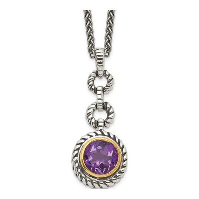 Gold-Plated Sterling Silver Amethyst Antiqued Round Bezel Pendant Necklace