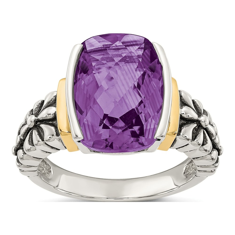 Shey Couture Sterling Silver With 14K Two-Tone Gold Accent Antiqued Checkerboard-Cut Cushion Chanel-Set 5.2ct Amethyst Ring