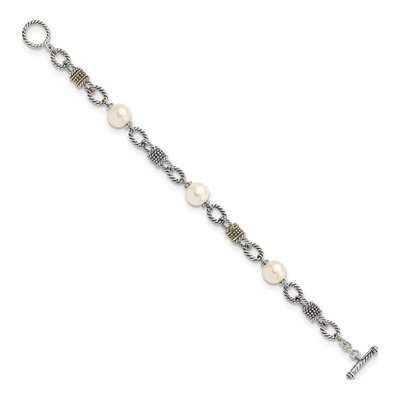 Sterling Silver & 14K Gold Freshwater Cultured Pearl Toggle Bracelet – view 2