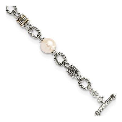 Sterling Silver & 14K Gold Freshwater Cultured Pearl Toggle Bracelet