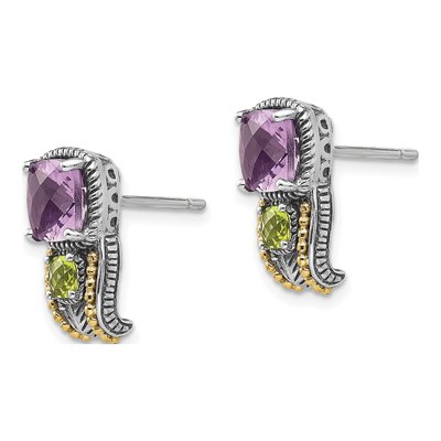 Sterling Silver & 14K Gold Amethyst & Peridot Cushion Dangle Earrings – view 3