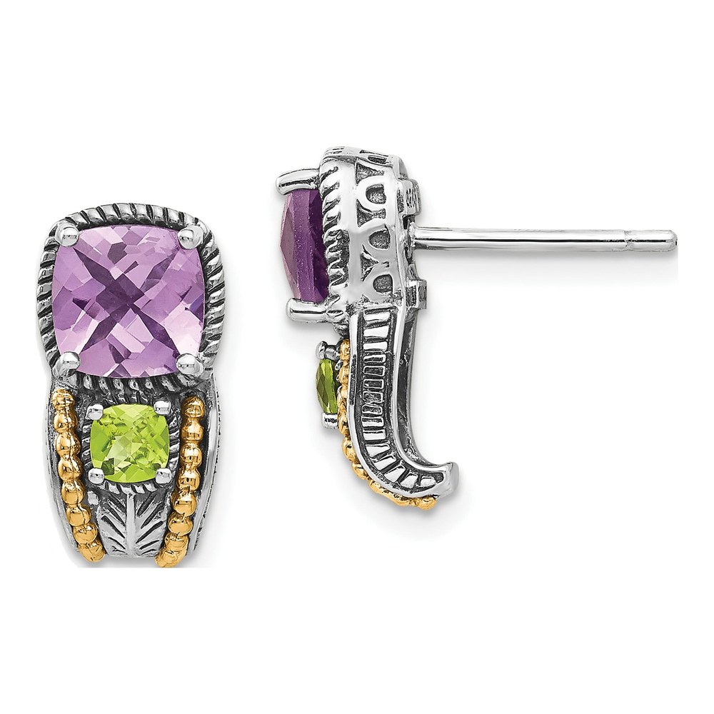 Sterling Silver & 14K Gold Amethyst & Peridot Cushion Dangle Earrings