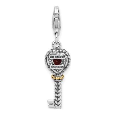 Sterling Silver & 14K Gold Garnet Antiqued Key Charm – view 4