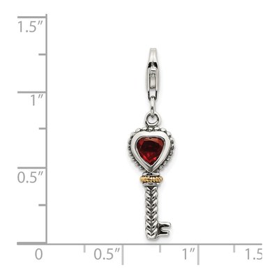 Sterling Silver & 14K Gold Garnet Antiqued Key Charm – view 5