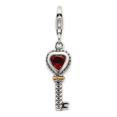 Sterling Silver & 14K Gold Garnet Antiqued Key Charm