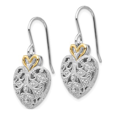 Sterling Silver & 14K Gold 1/8 ct tw Diamond Vintage Heart Dangle Earrings – view 3