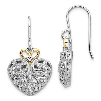 Sterling Silver & 14K Gold 1/8 ct tw Diamond Vintage Heart Dangle Earrings