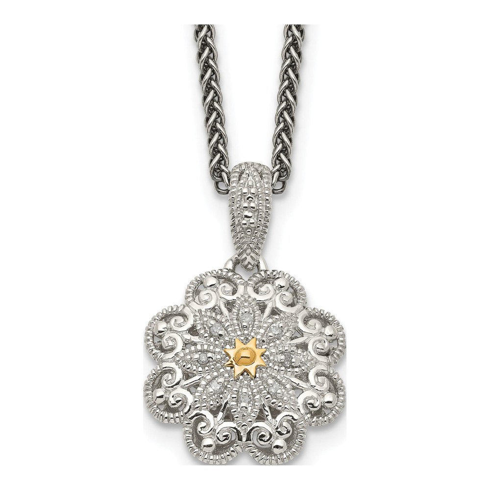 Sterling Silver & 14K Gold Diamond Flower Pendant Necklace