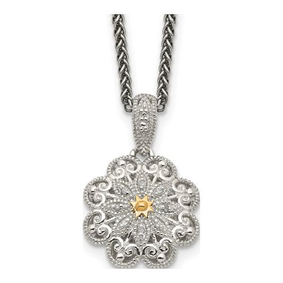 Sterling Silver & 14K Gold Diamond Flower Pendant Necklace