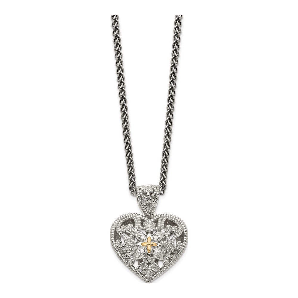 Sterling Silver & 14K Gold 1/20 ct tw Diamond Vintage Heart Necklace