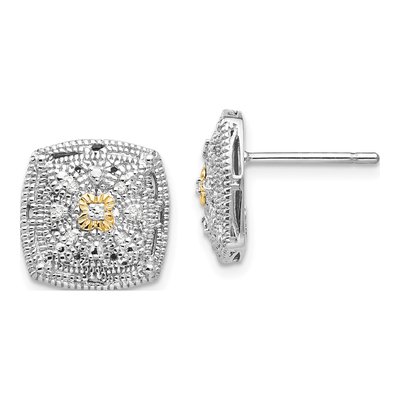 Sterling Silver & 14K Gold 1/20 ct tw Round Diamond Button Stud Earrings