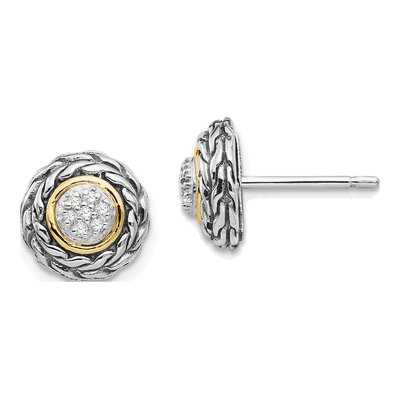 Sterling Silver & 14K Gold 1/15 ct tw Round Diamond Antiqued Stud Earrings