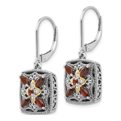 Sterling Silver & 14K Gold Garnet & Diamond Marquise Leverback Earrings – view 3