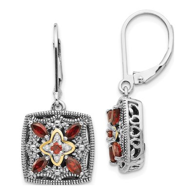Sterling Silver & 14K Gold Garnet & Diamond Marquise Leverback Earrings