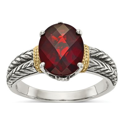 Sterling Silver & 14K Gold Garnet Oval Ring