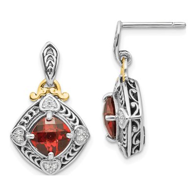 Sterling Silver & 14K Gold 1/15 ct tw Garnet & Diamond Dangle Earrings