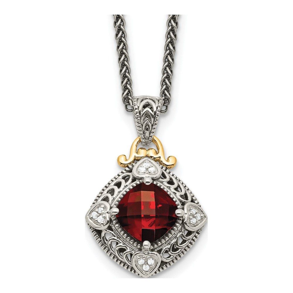 Sterling Silver & 14K Gold 1/20 ct tw Garnet & Diamond Pendant Necklace