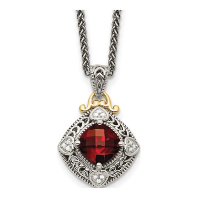Sterling Silver & 14K Gold 1/20 ct tw Garnet & Diamond Pendant Necklace